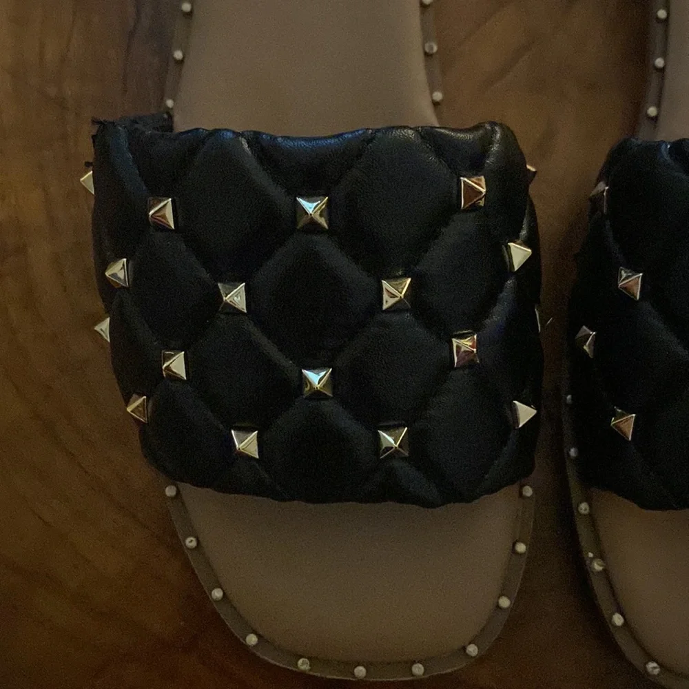 Steve Madden Black Quilted Slide Sandals with Gold Studs - Picture 2 of 3